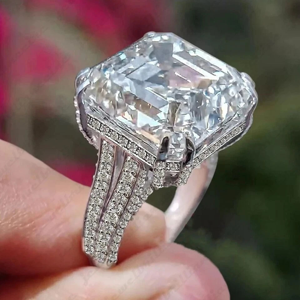 Asscher Cut Moissanite Hidden Halo Engagement Ring 14K White Gold Plated 8.65CTW
