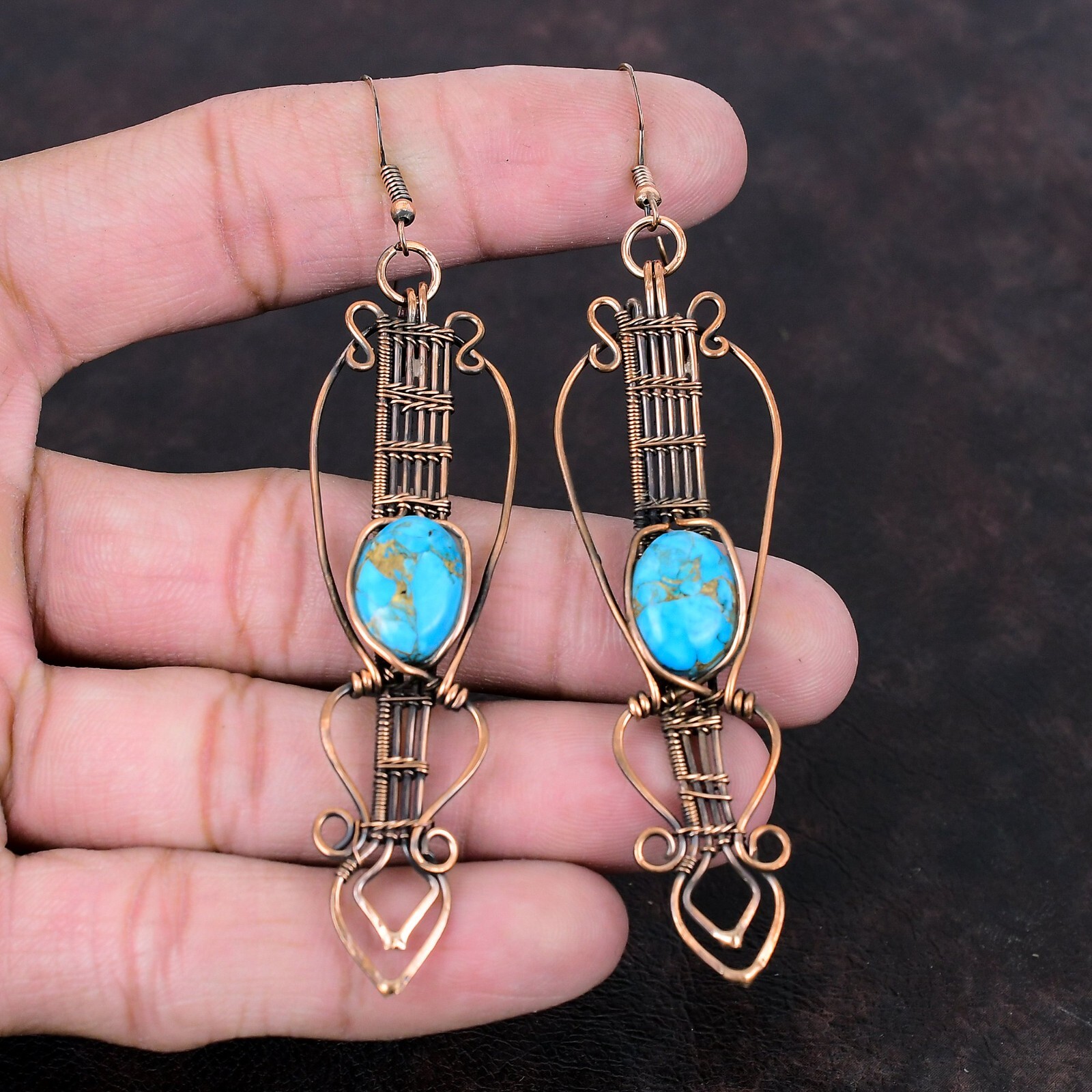 Gift For Her Blue Turquoise Wire Wrapped Drop/Dangle Earrings Copper 3.82″
