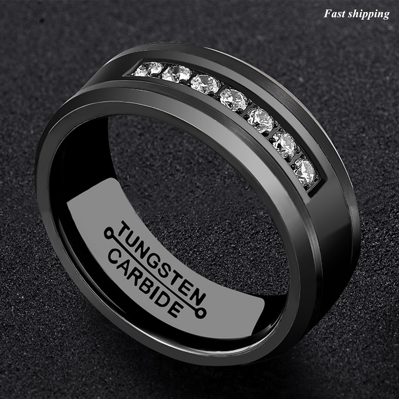 8mm Black Tungsten Carbide Ring Diamonds Inlay Comfort Fit ATOP Men Wedding Band