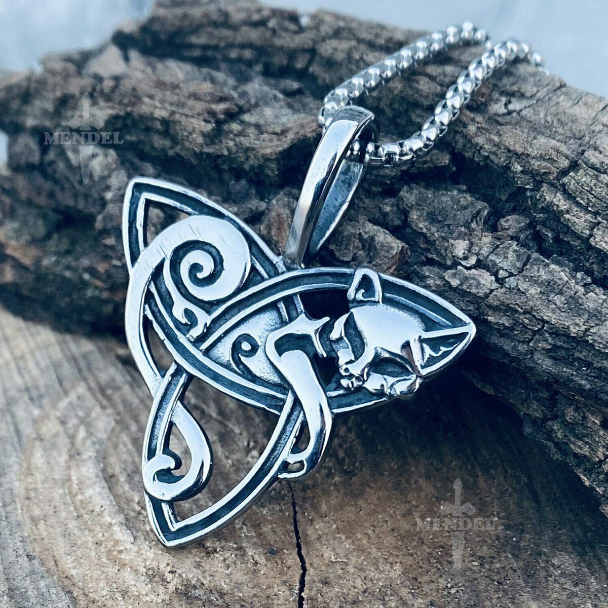 MENDEL Womens Celtic Triquetra Trinity Knot Kitty Cat Pendant Necklace Chain Set
