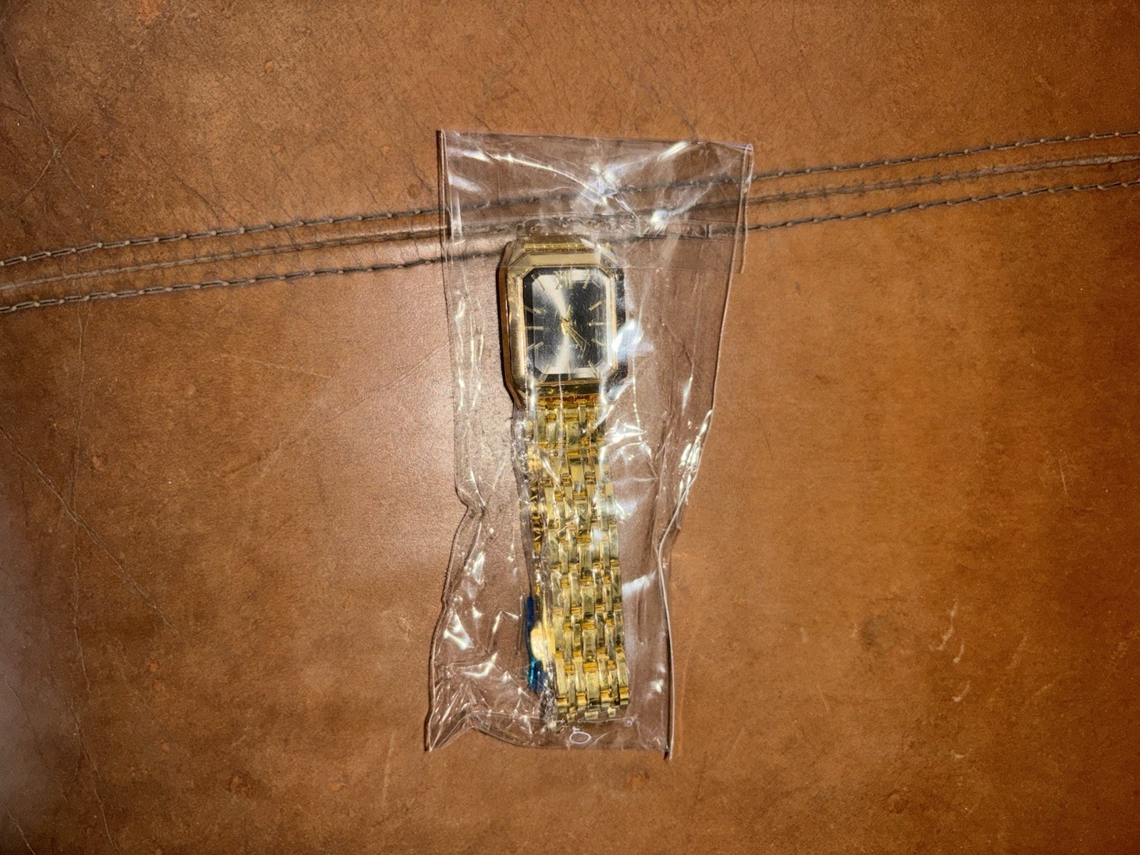 Gold Tone Rectangle Analog Wristwatch Gold Metal Bracelet Black Dial Stick