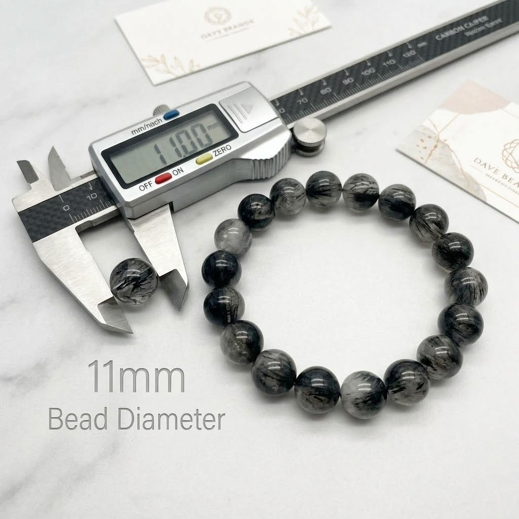 11mm Black Rutilated Quartz Bracelet Natural Crystal Round Beads 18 cm Stretch
