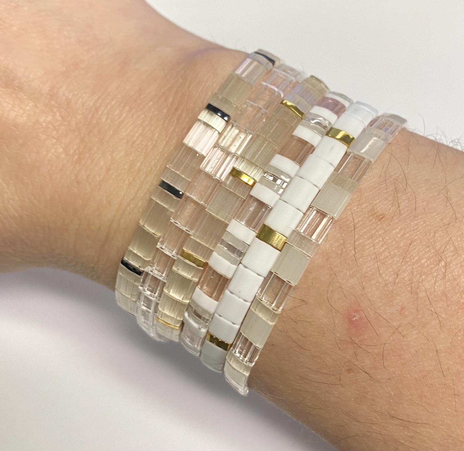 Miyuki Tila Clear White Bracelet Japanese glass tile stackable minimal USA