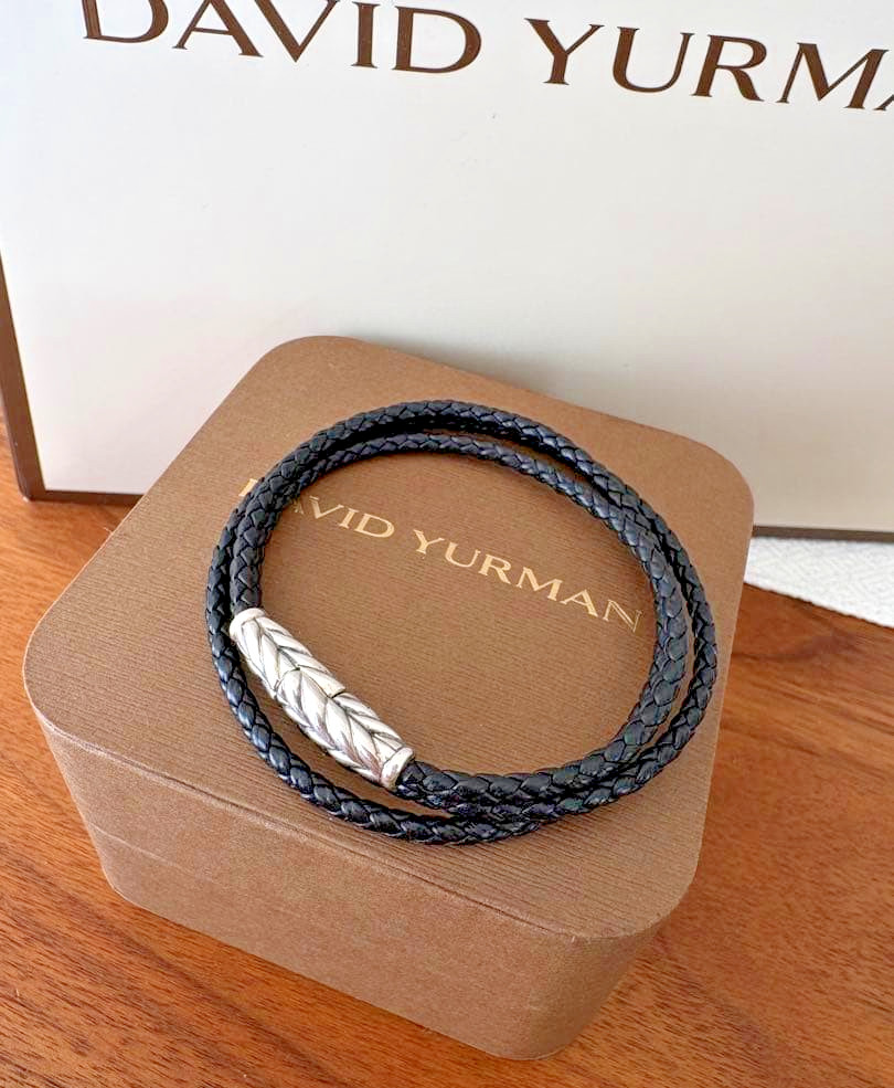 David Yurman Chevron Wrap Bracelet Black Leather Sterling Silver 3mm Box Receipt