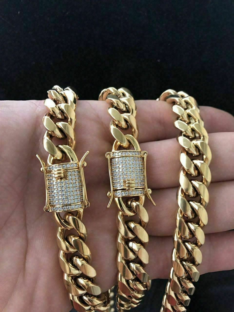 14K Gold Plated Chain CZ Clasp Stainless Steel Miami Cuban Link Bracelet 6-14MM