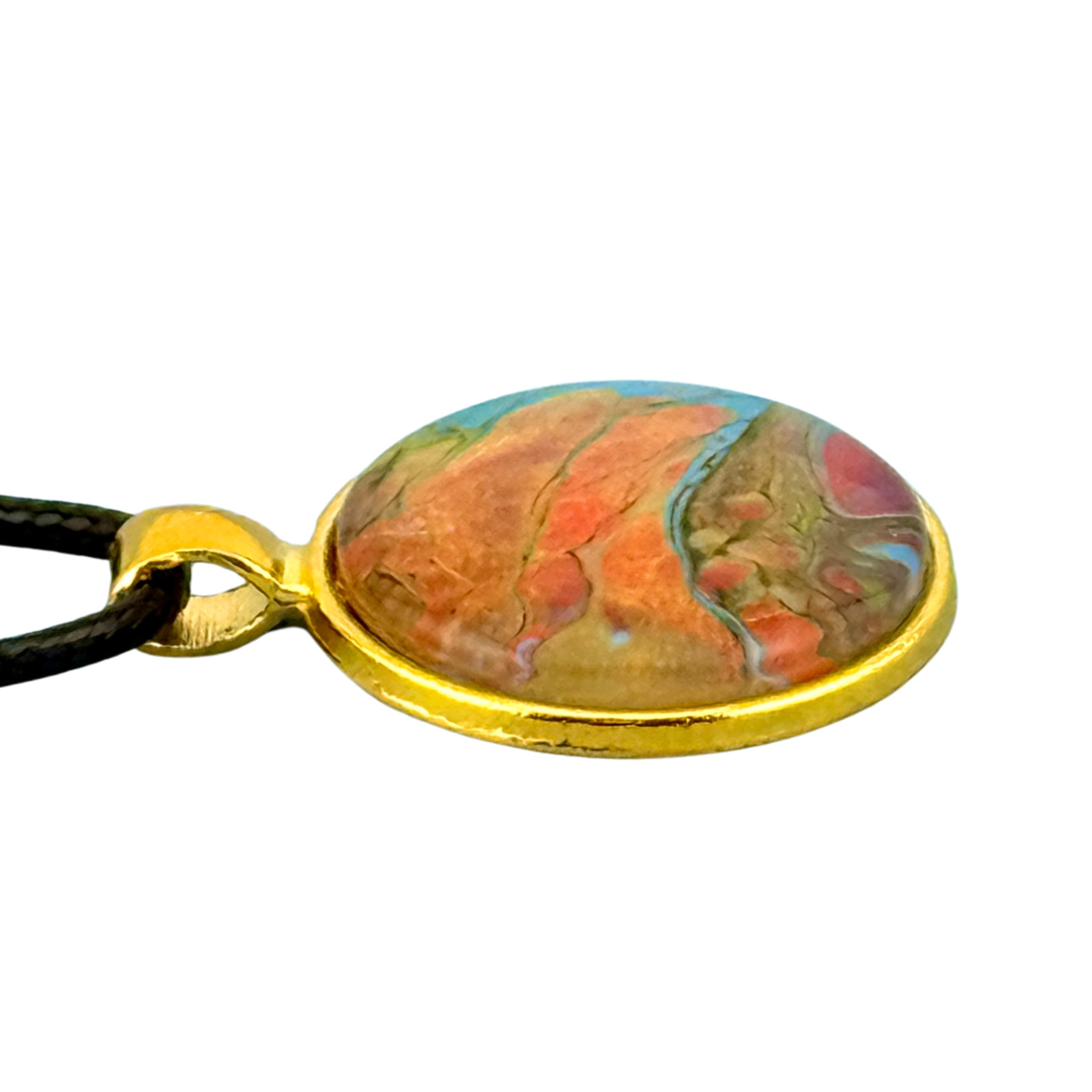 Pendant Necklace Handmade “Sunset Mountain” Gold Bezel 25mm Black Cord