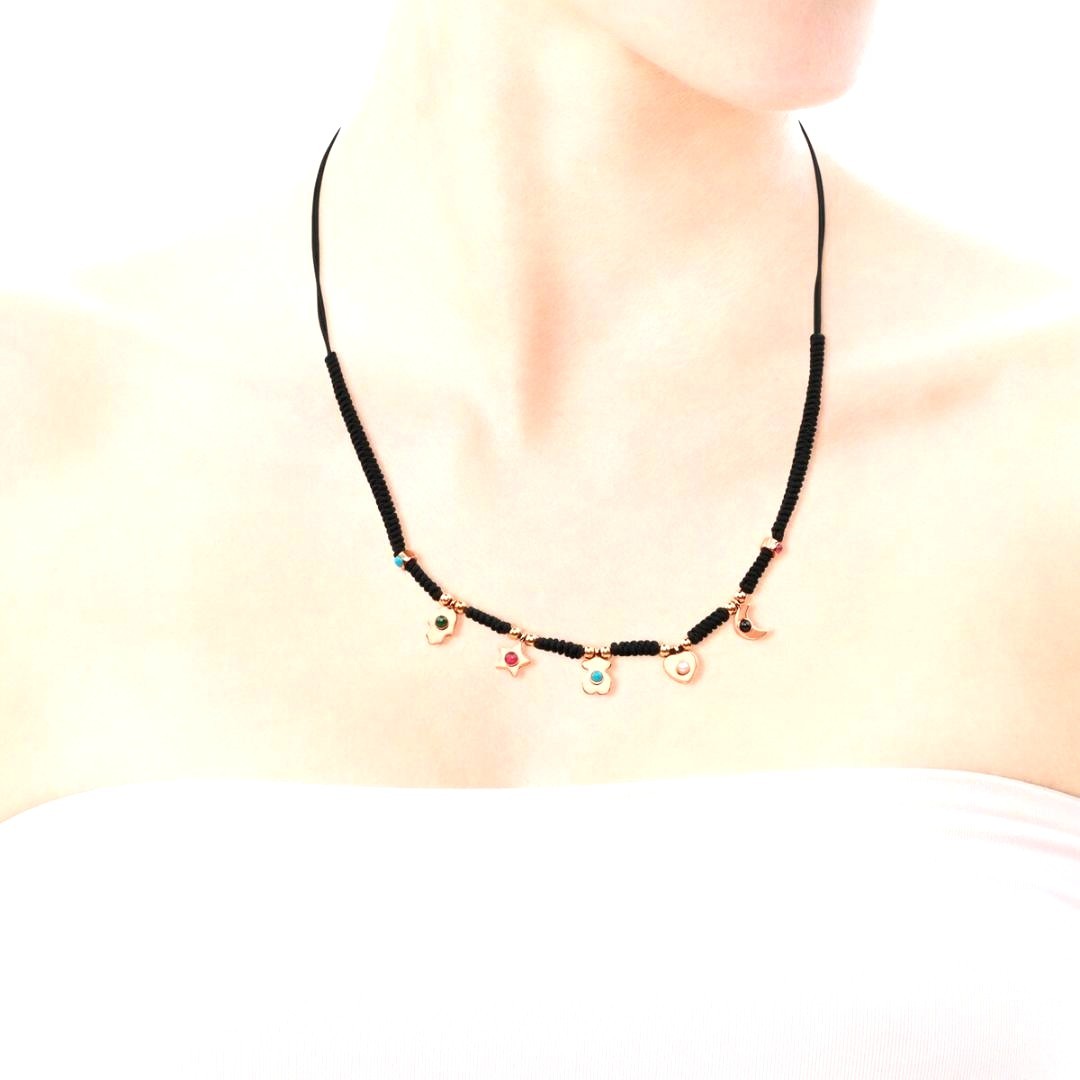 TOUS Super Power Charm Necklace Black Cord Rose Vermeil Silver Gemstone Spain