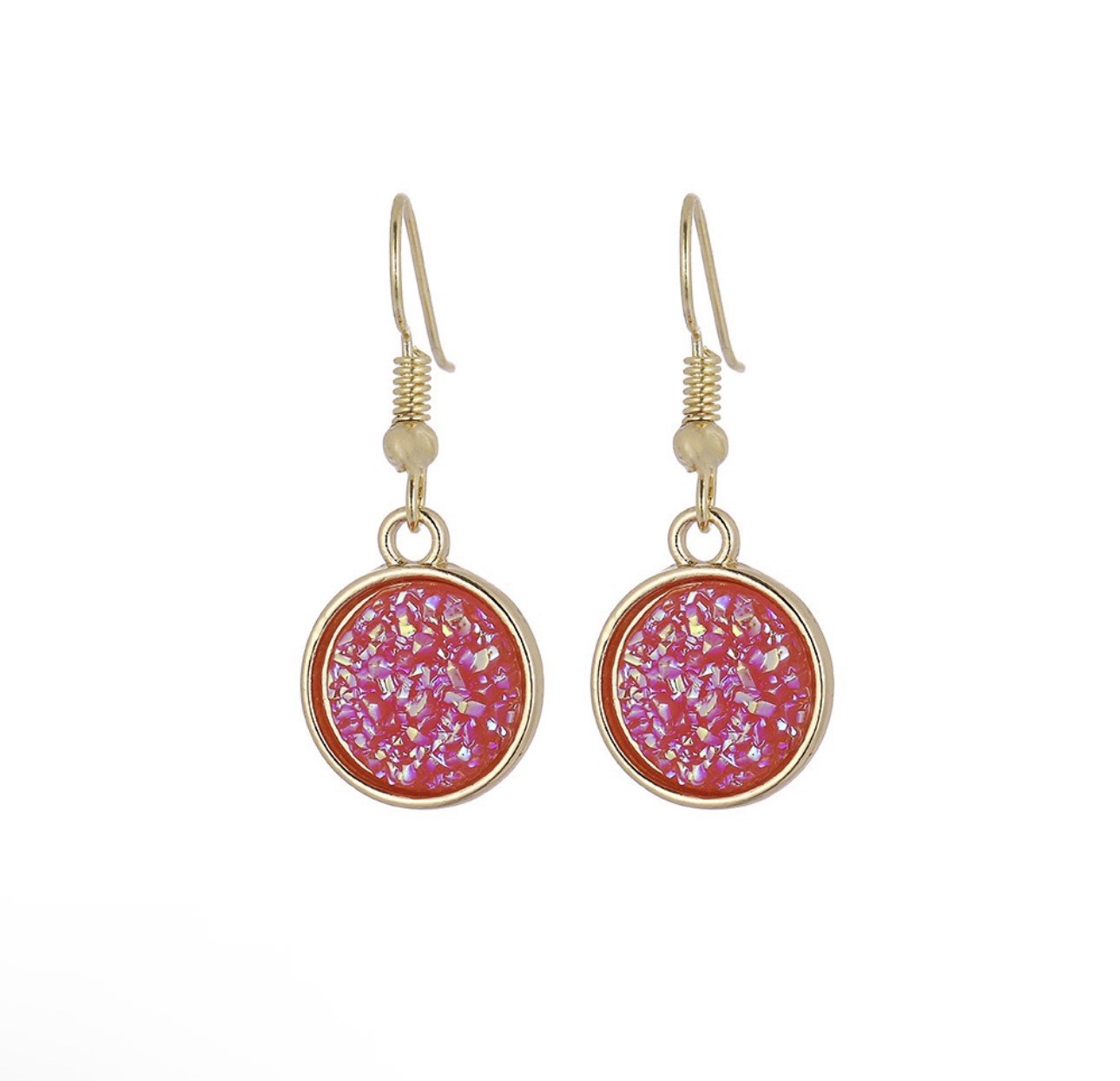 Pink Druzy Resin Dangle Earrings, Gold Tone Minimalist Jewelry