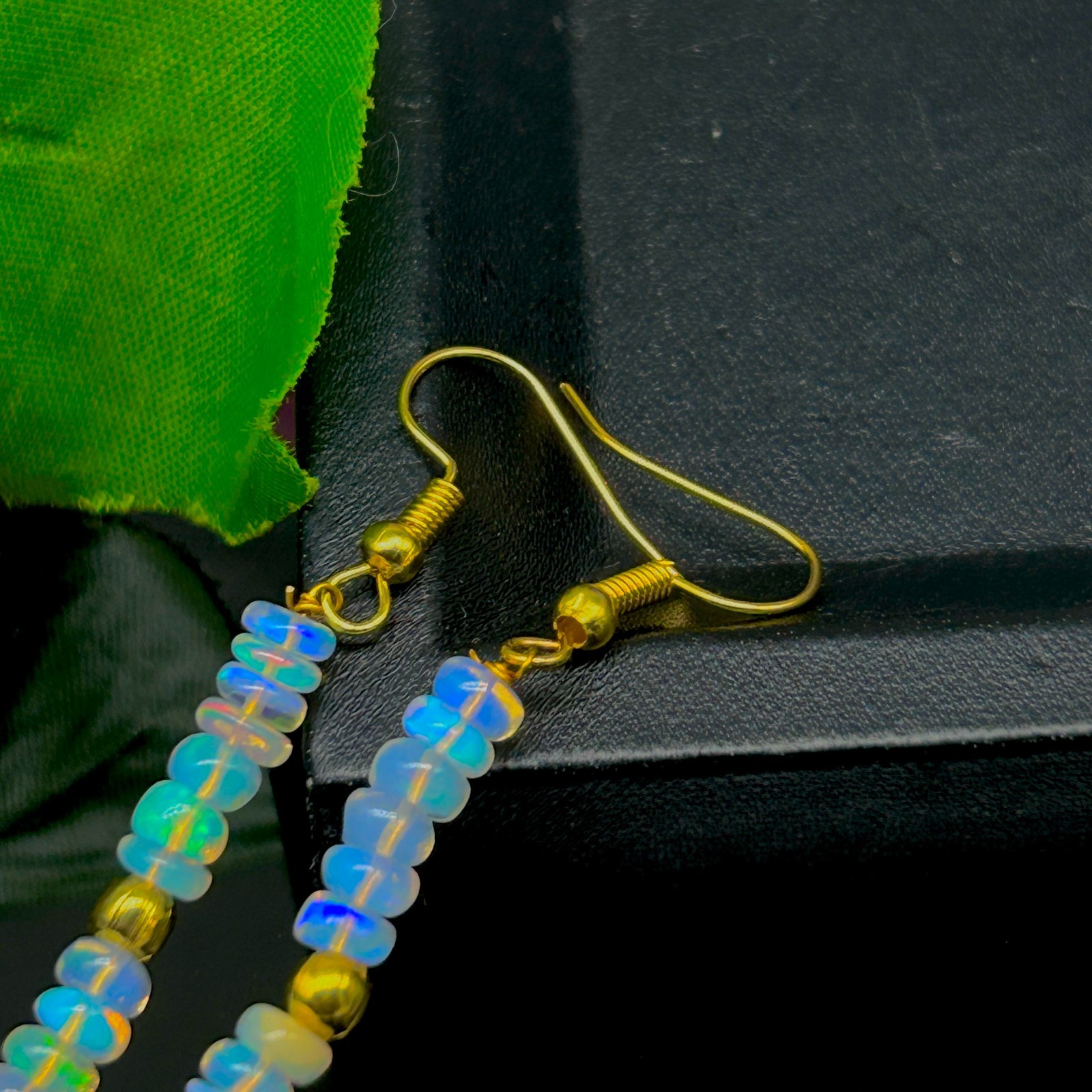 Multifire White Opal Beads Dangle Earrings, AAA+ Opal Gemstone Gold Earrings