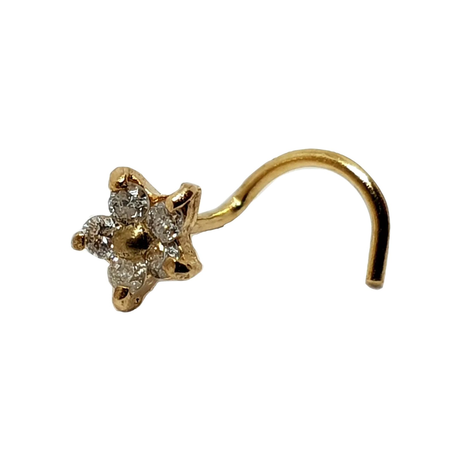 Gold Nose Stud Diamond Cluster Flower 14k Gold Genuine 20g (0.8mm) Curl Screw