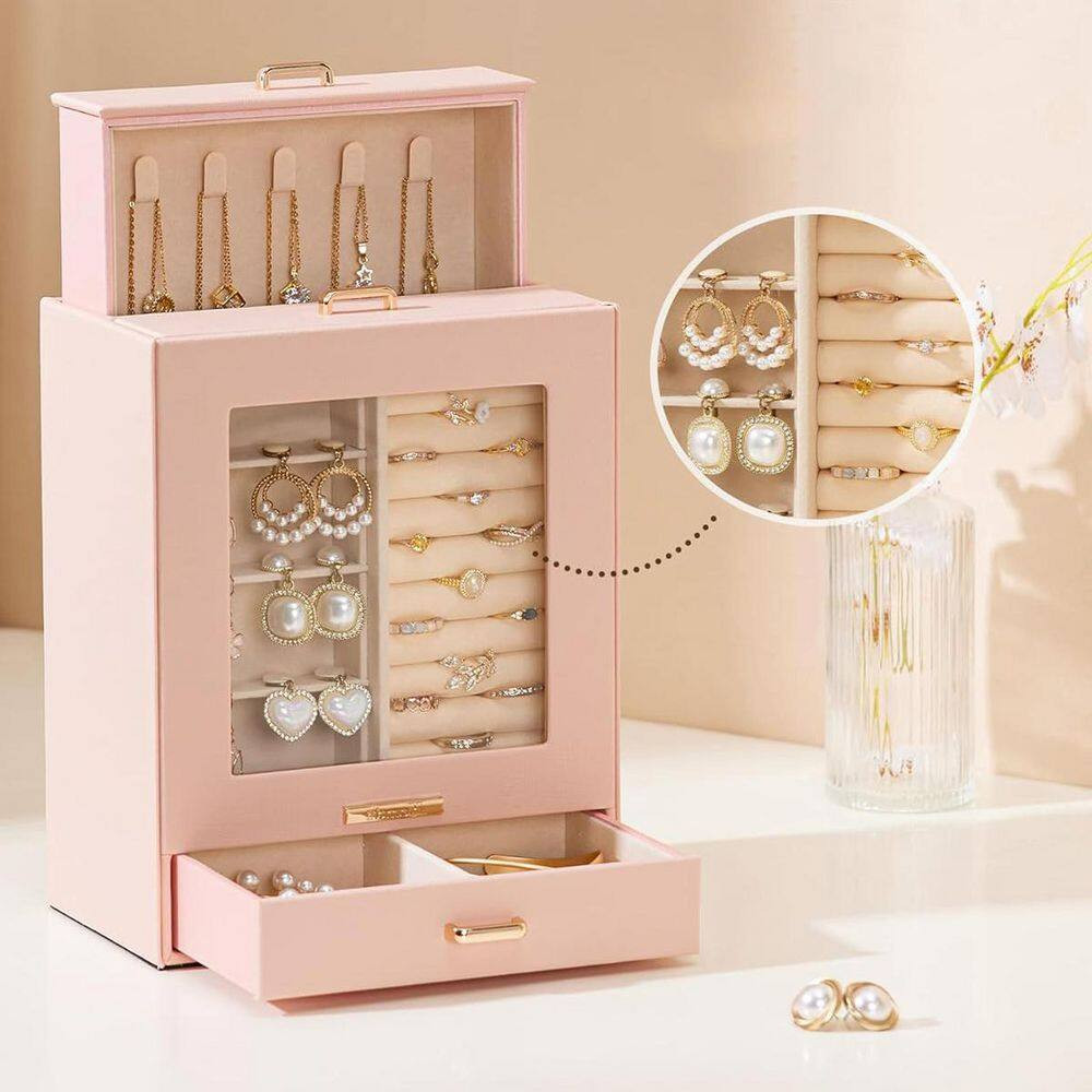Peach Pink 7 In. X 9 In. Polyurethane Modern Jewelry Box with 3-Drawers