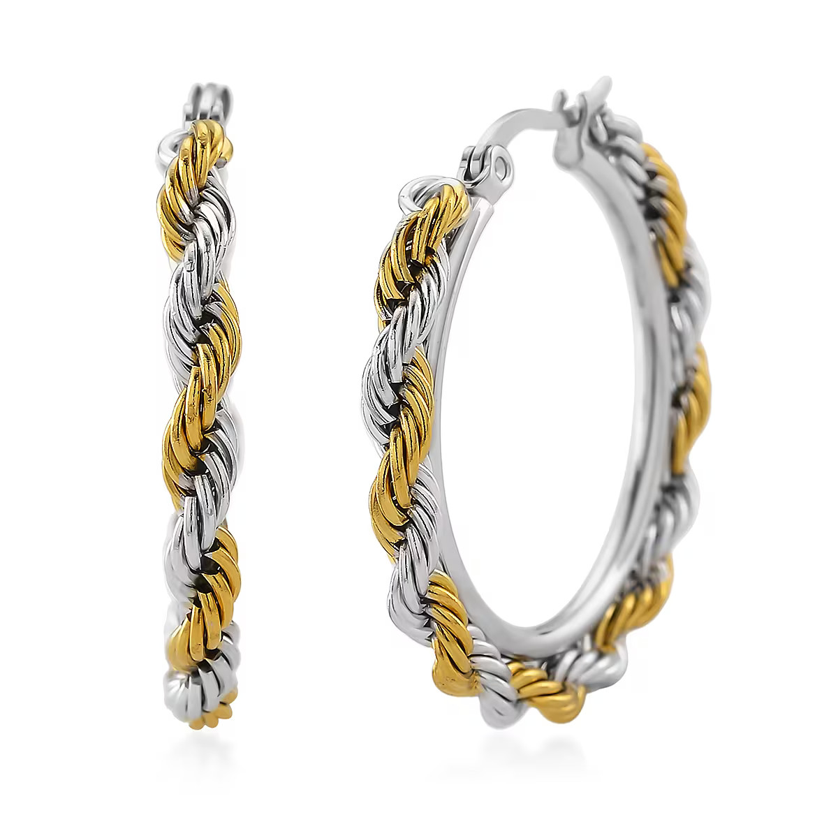 Shop LC Rope Chain Hoop Earrings in ION Plated Yellow Gold and Stainless Steel