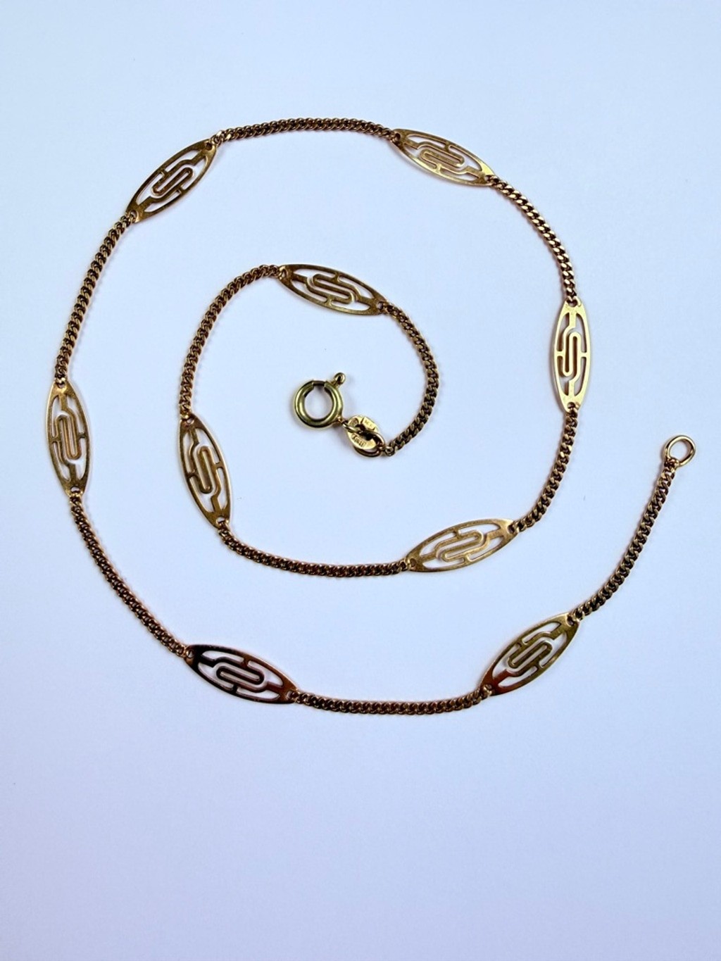 14K Solid Gold Unoaerre Geometric Ornate Curb Station Collar Vintage Necklace