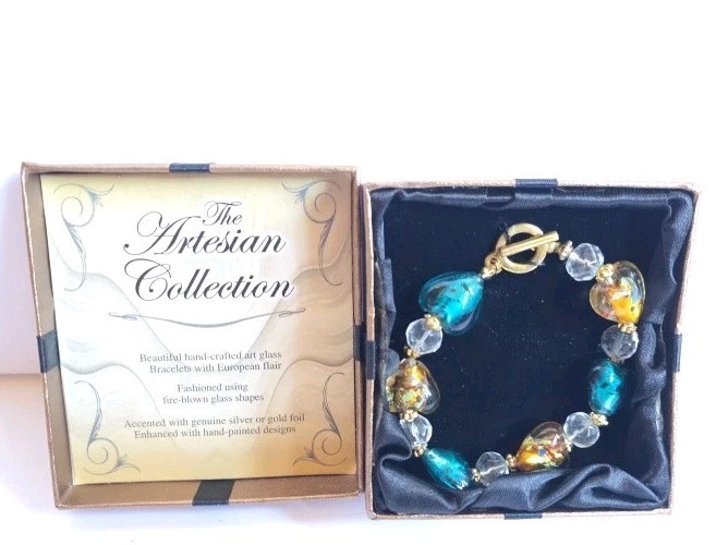 The Artisan Collection Art Glass statement bracelet-Blue & Green, Gold.