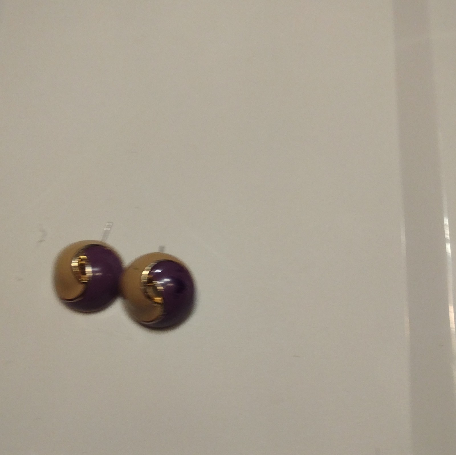 Purple & Gold Tone Round Stud Earrings, Butterfly Closure, No Stone