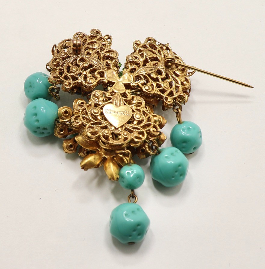 VINTAGE AMOURELLE FRANK HESS FLORAL BEADED DANGLING BROOCH