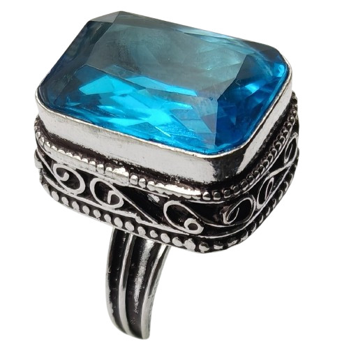 Blue Topaz Hydro Gemstone Antique Silver Plated Ring US Size-6.75 A 1313