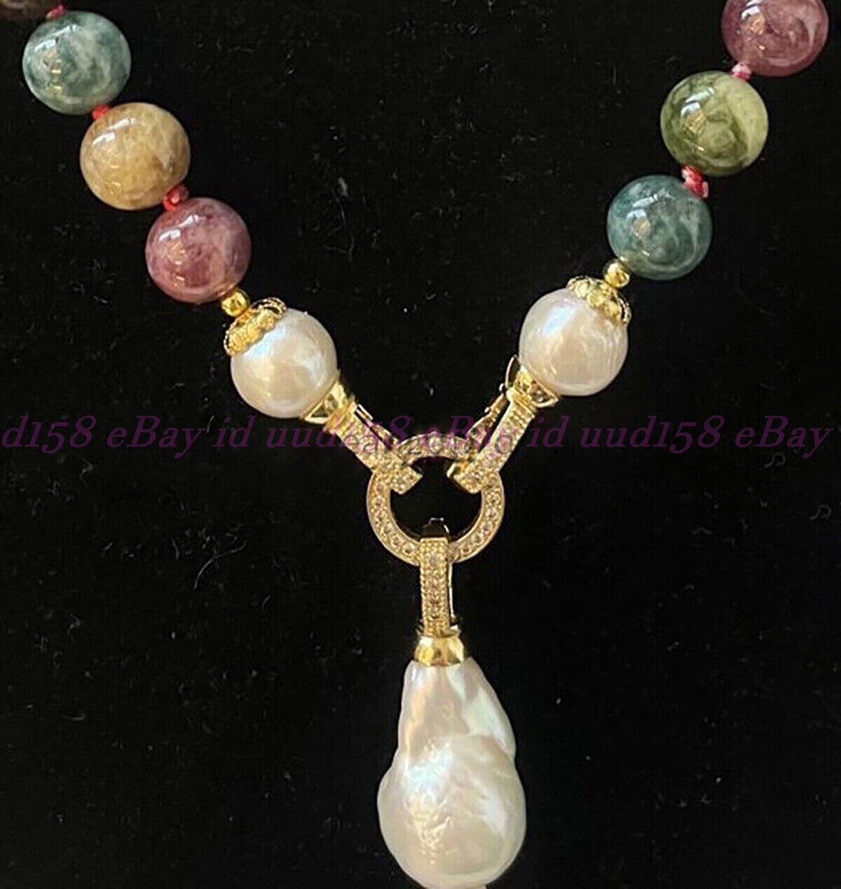 Multicolor Tourmaline Round Gemstone White Keshi Baroque Pearl Pendant Necklace