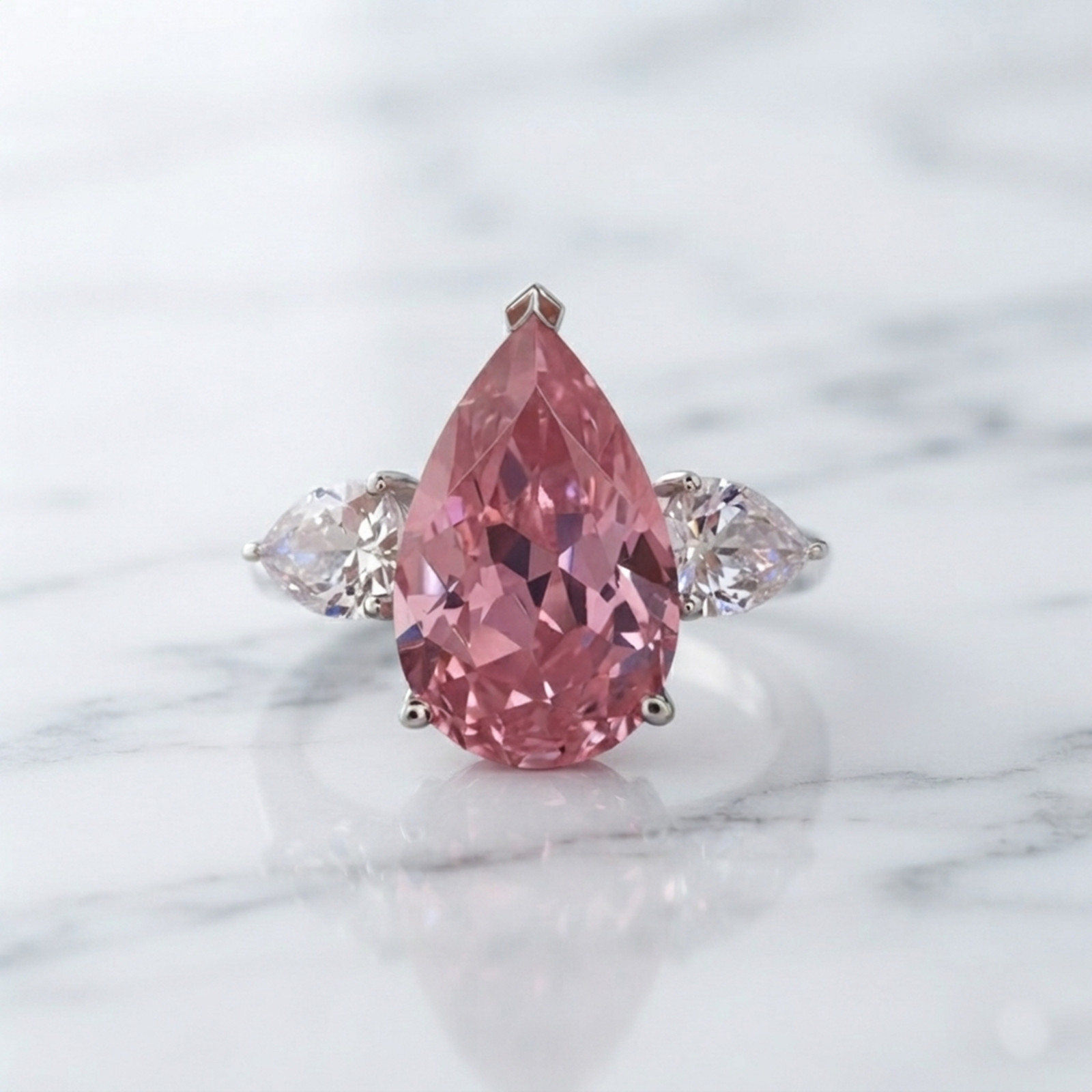 Pink Pear Cut Lab Created Diamond 14K White Gold Trilogy Engagement Ring For Her