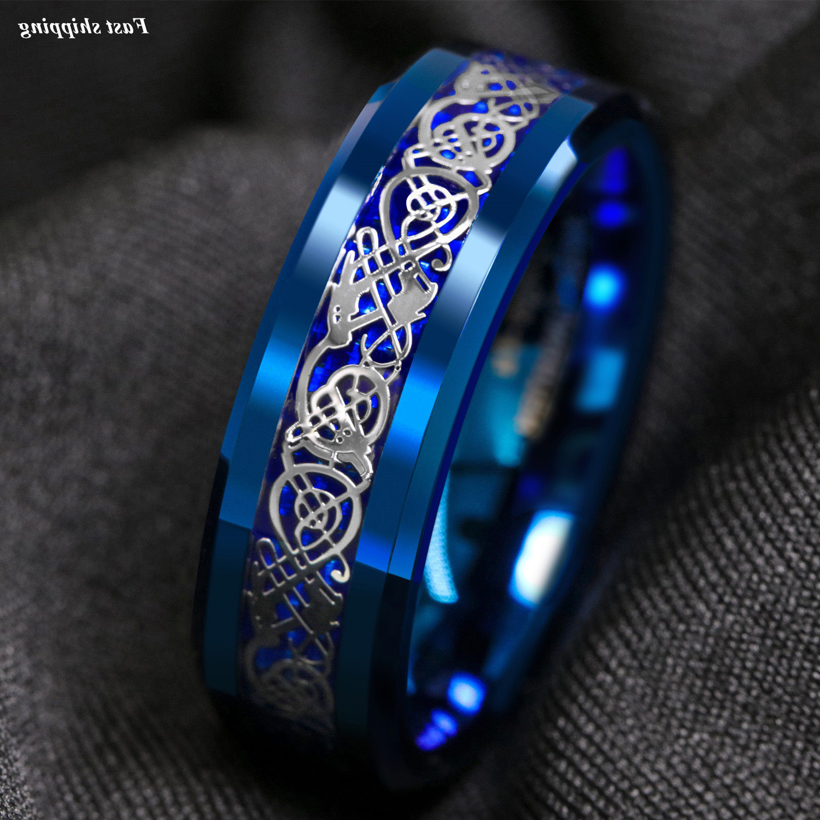 8mm Blue Tungsten Carbide Ring Celtic Dragon Carbon Fibre ATOP Men’s Jewelry