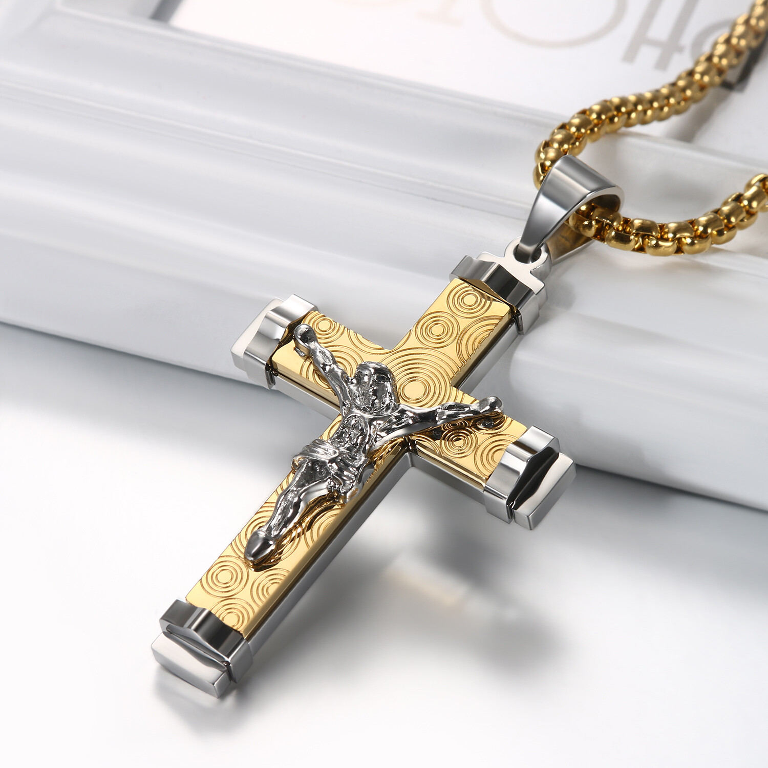 Men’s Silver Plated Christ Jesus Cross Crucifix Stainless Steel Pendant Necklace