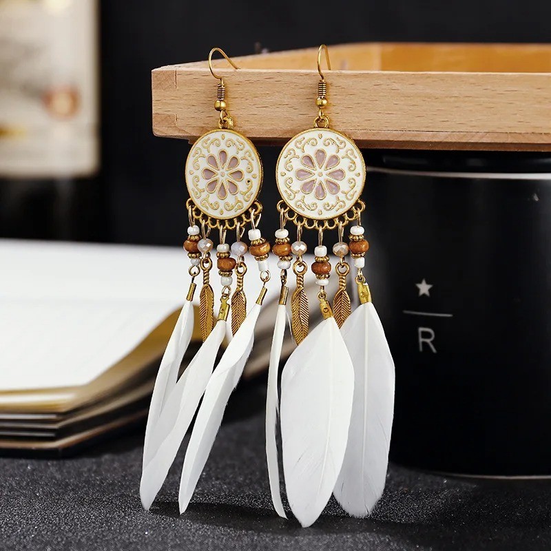 Boho Long Feather Dangle Women’s Earrings Beach Long Tassel Beads Flower Enamel