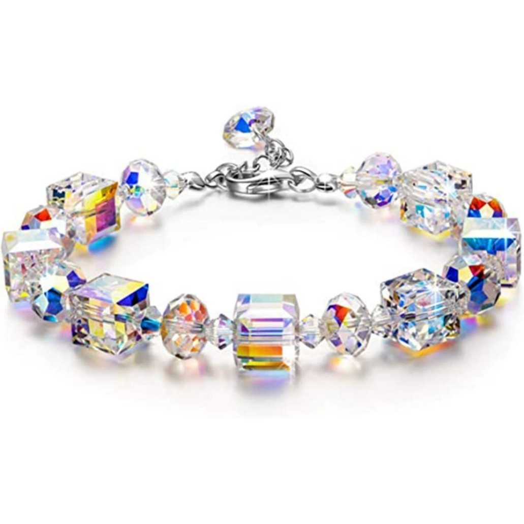 Beautiful Colored Crystal Link Bracelet Silver Plated Lobster Closure w/extended