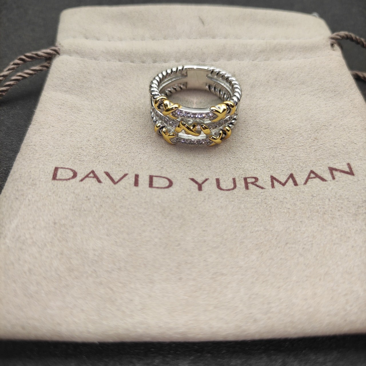 David Yurman Twisted Wrap Band 925 Silver 18K Gold Three Row Pave Diamond Ring 8