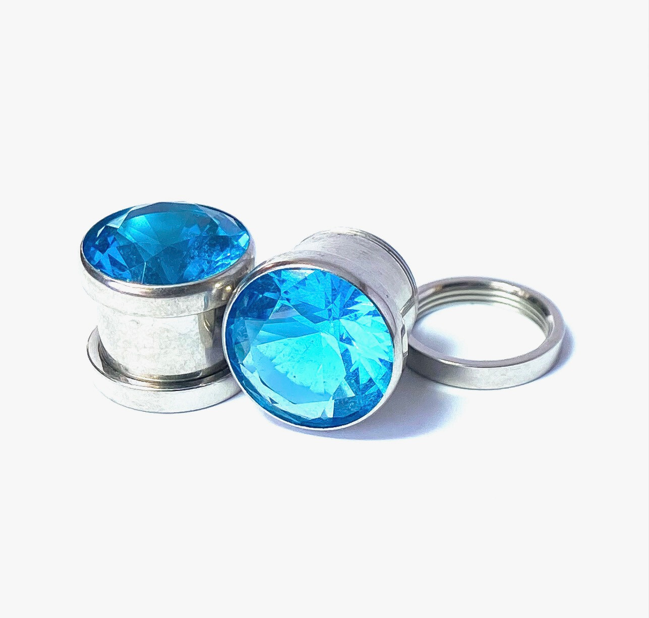 PAIR Large Aqua Blue Gem Screw Fit Tunnel Plug Gauge Body Jewelry Piercing