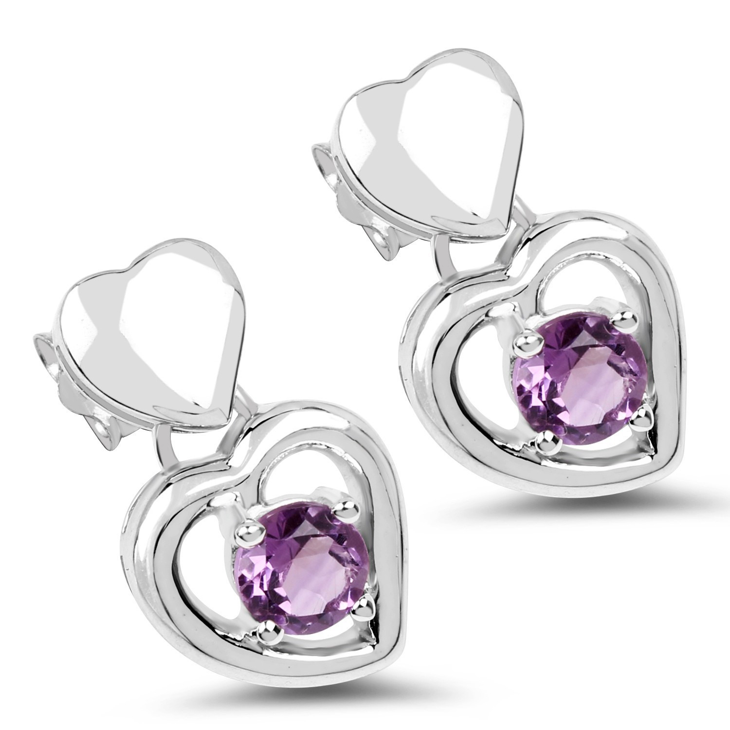 Amethyst Sterling Silver 1.46 Carat Heart Earrings