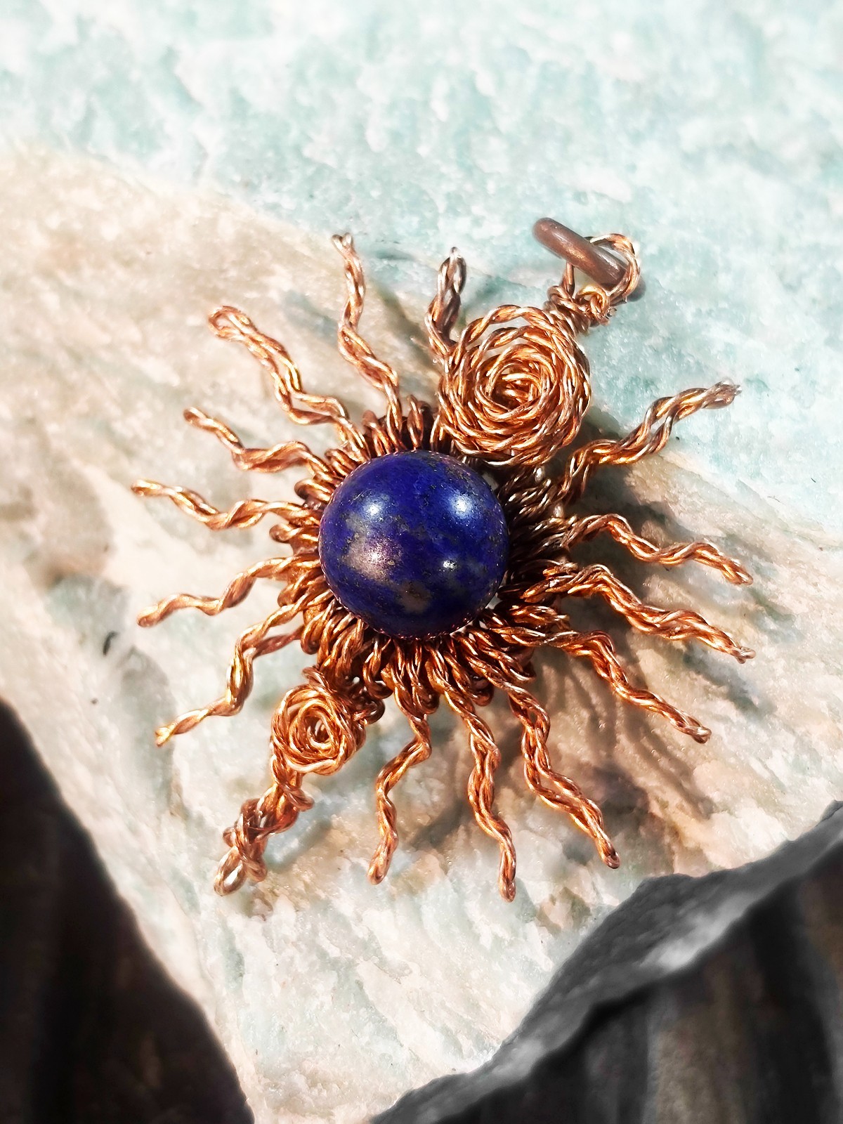 Sun pendant copper lapis lazuli Wire Wrapped energy health luck Jewelry #PS0005