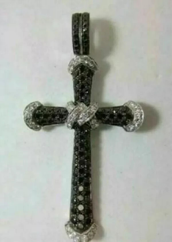 3Ct Round Cut Black Diamond Cross Pendant 14K White Gold Over