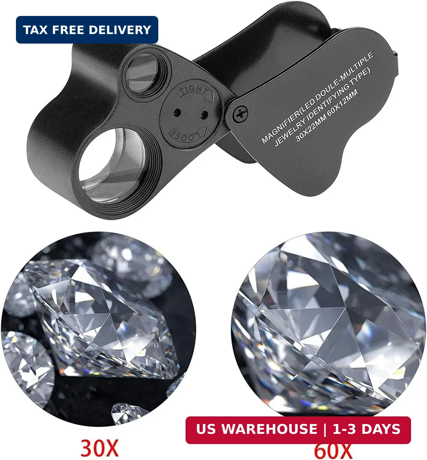 Jewelers Loupe, 2 Pack Magnifying Glass with Light, 30X 60X 90X Jewelers Loop Ma