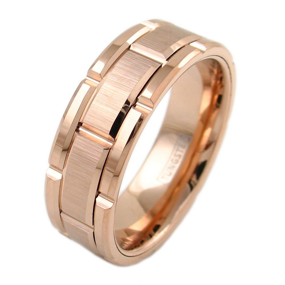 8mm Rose Gold Plated Tungsten Men’s Ring Brushed Grooved Wedding Band-Engraving
