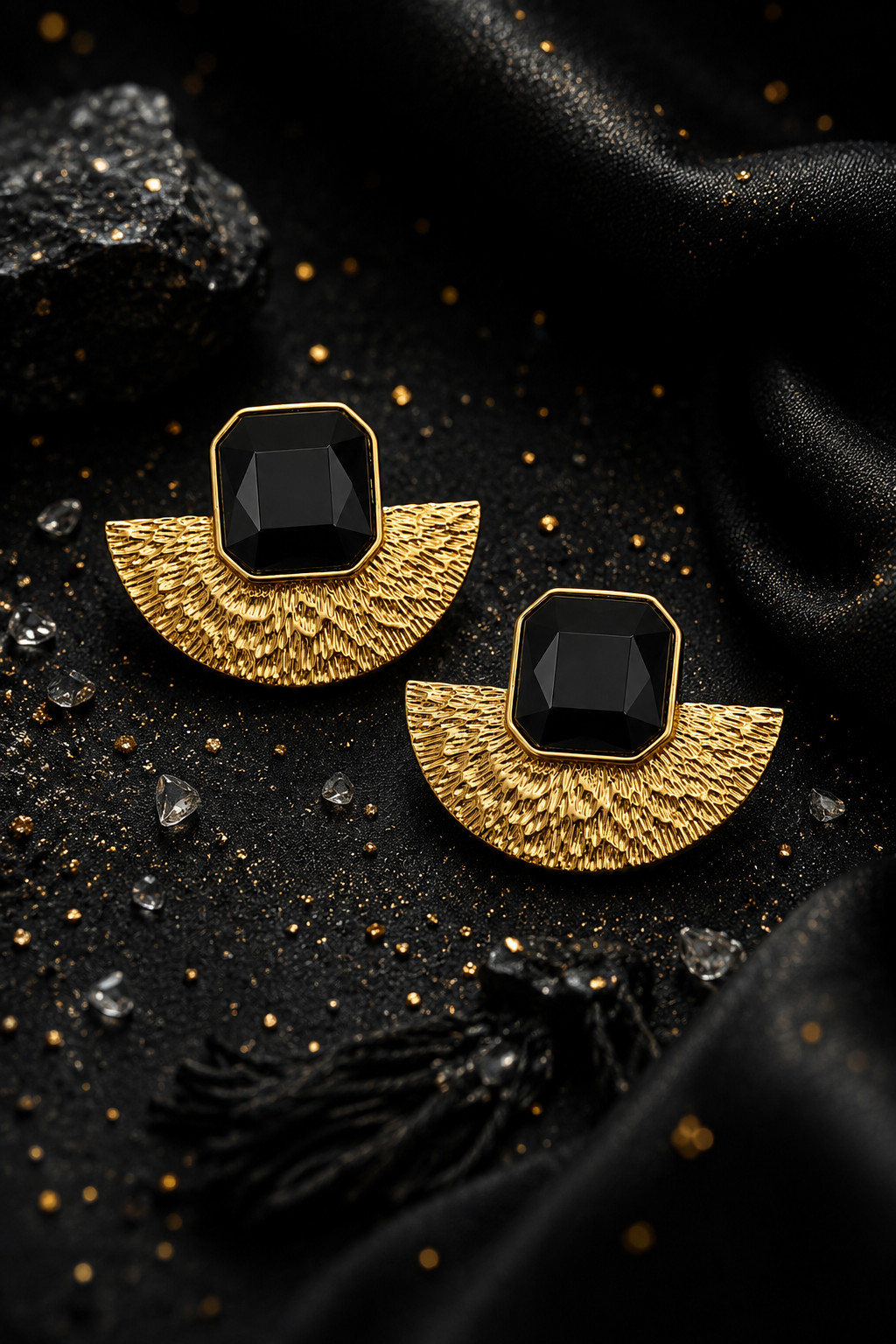 Modern Chunky Gold Fan Statement Studs Earrings with Geometric Black Resin Stone