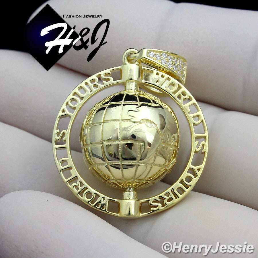 925 STERLING SILVER ICY CZ GOLD PLATED “WORLD IS YOURS” 3D GLOBE PENDANT*GP138