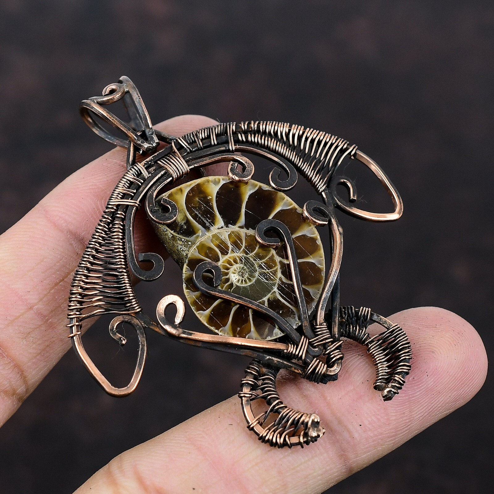 Gift For Her Copper Ammonite Fossil Jewelry Wire Wrapped Tortoise Pendant 2.56″