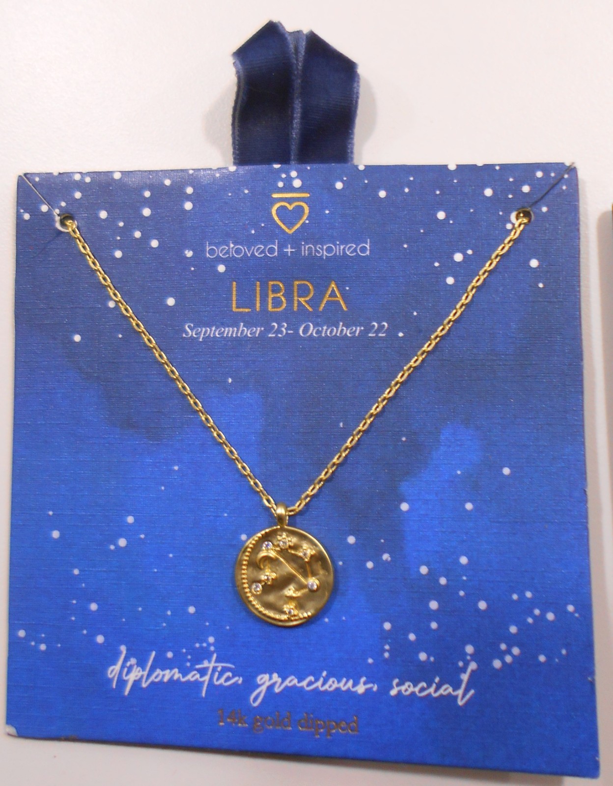Beloved + Inspired 14K Gold Dip Libra Necklace 16” Clear Gems+Star Constellation