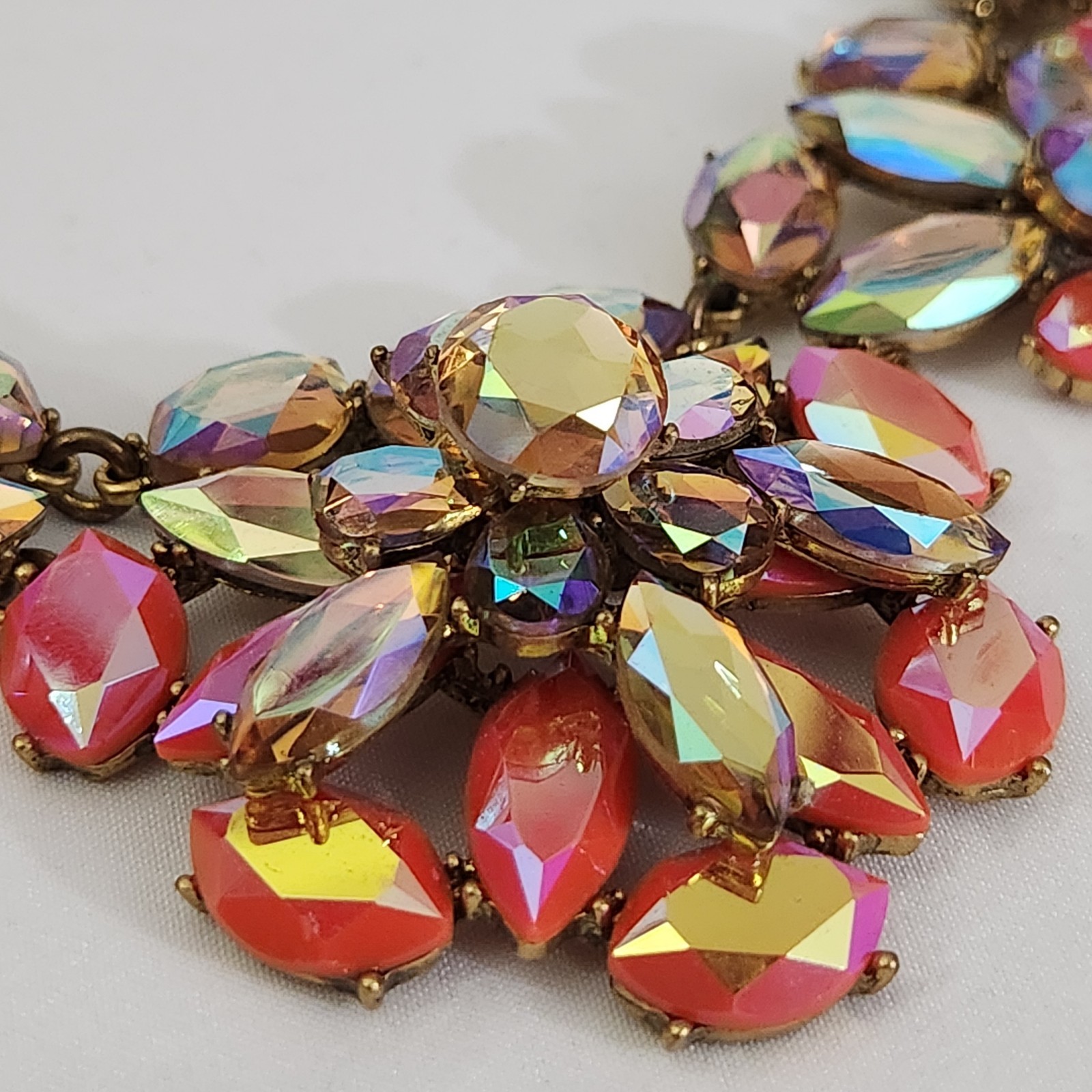 J.Crew Signed Multi Color Aurora Borealis Rhinestone Floral Statement Necklace