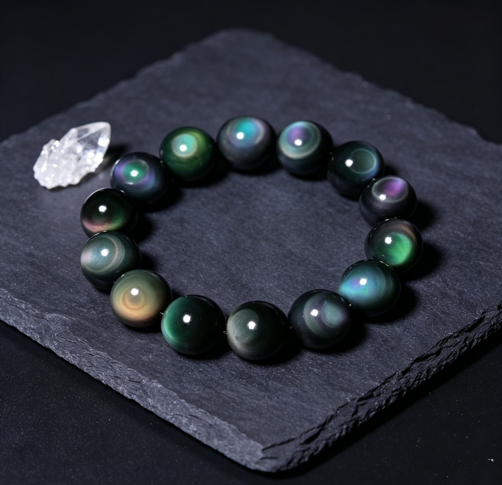 12mm Natural Rainbow Obsidian Beaded Stretch Bracelet Protection Grounding Gift