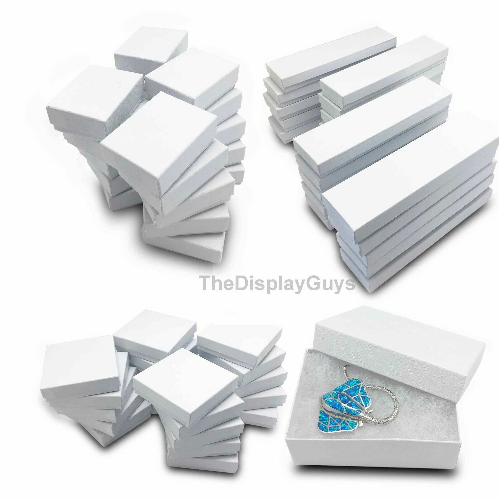 BULK Cardboard Jewelry Gift Boxes w/ Cotton Fill Padding – White Swirl 11 Sizes