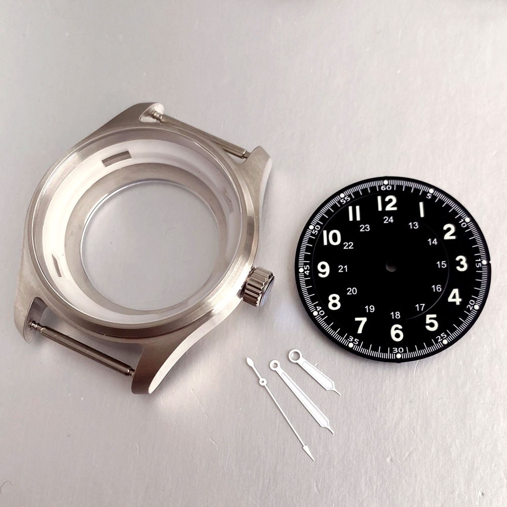 39mm Pilot Watch Case+Dial+Hands Set Fit NH35 ETA2824 PT5000 Miyota82 Clear Back