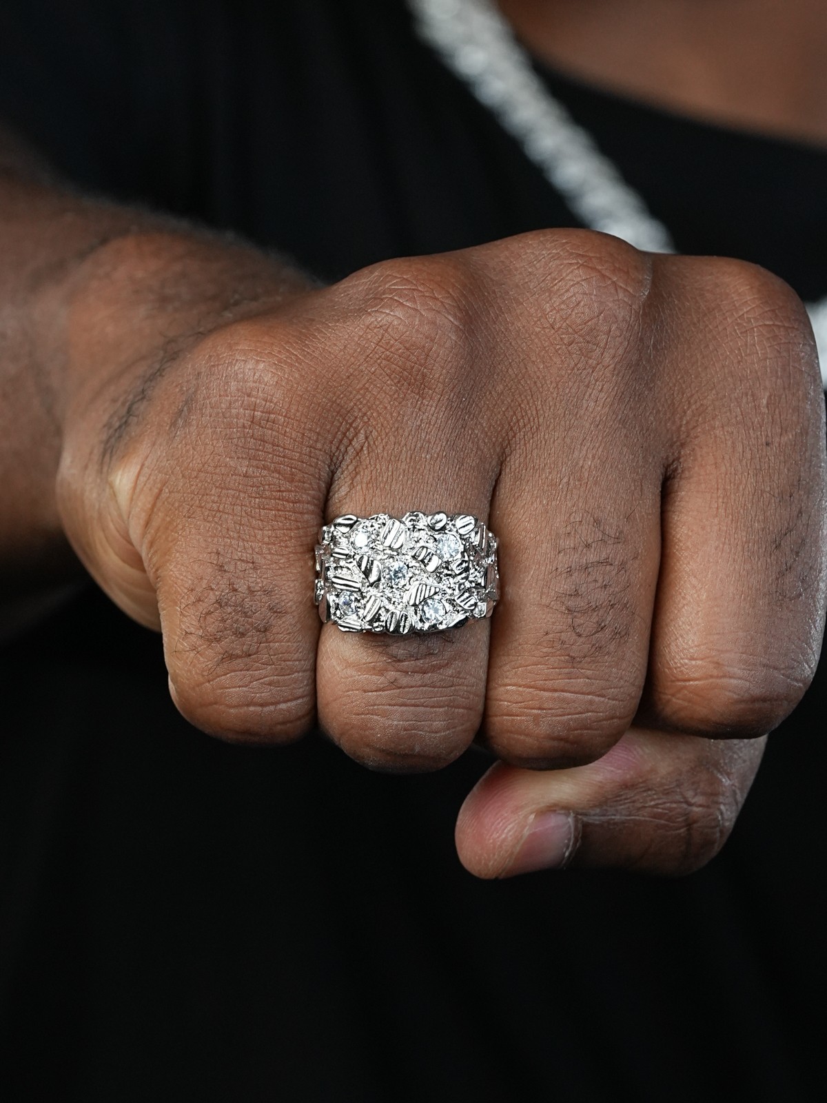 Mens REAL Solid 925 Sterling Silver Iced Nugget Ring Hip Hop CZ