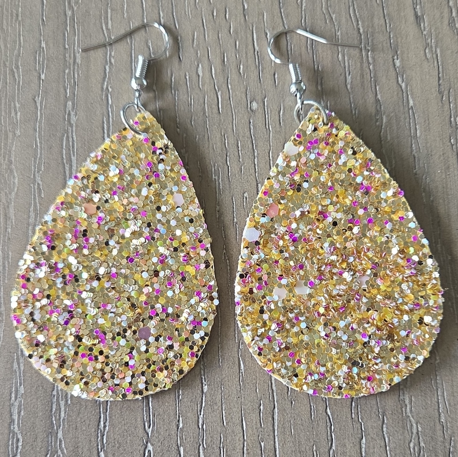 Gold Glitter Teardrop Faux Leather Dangle/Drop Earrings, Hook Closure