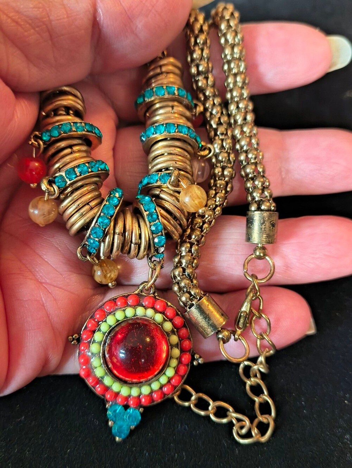 Boho Statement Necklace Gold Tone Red Glass Cabochon Turquoise Rhinestones
