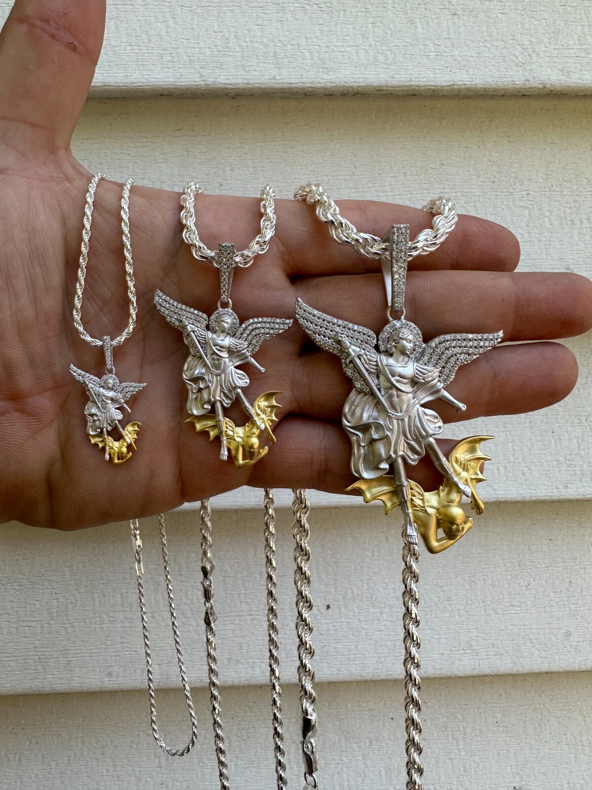 MOISSANITE St Michael Slaying Dragon Pendant 925 Silver & 14k Gold Necklace Iced