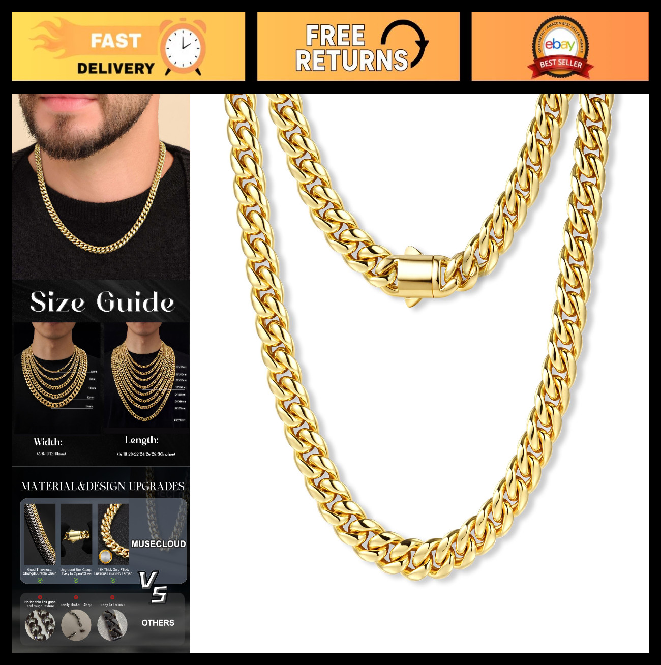 Men’s Gold Cuban Link Chain Necklace – Stainless Steel Miami Curb 5-14mm Thick,