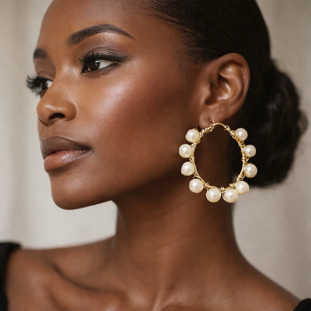 Handmade Pearl Hoop Earrings Gold Tone Artisan Wire Wrapped Statement Jewelry