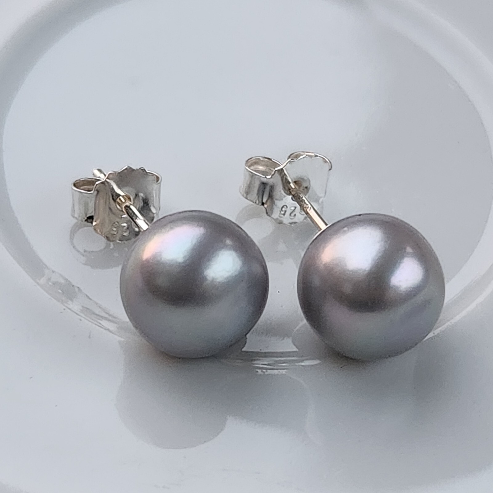 Handmade Natural Sliver Pearl 9.5-10mm Stud Earrings Solid 925 Sterling Silver