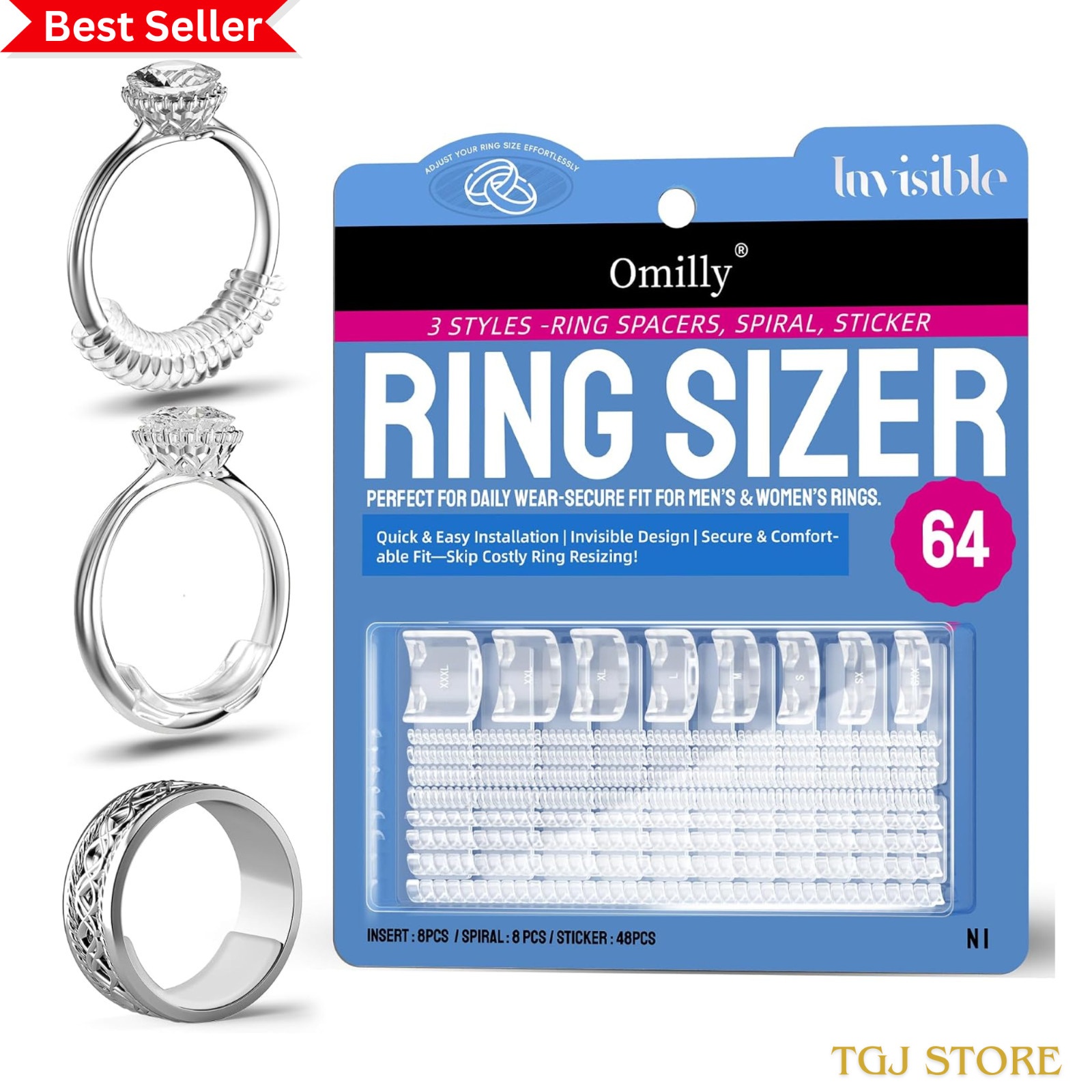 Ring Sizer Adjuster for Loose Rings, 64-Piece Set with 3 Types (Spiral Coils, Ri